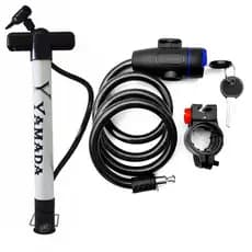Bomba De Encher Pneu De Bike Alumínio 30cm Yamada + Trava Cabo De Aço Cadeado Segurança Bike Moto Com Suporte Com Chave
