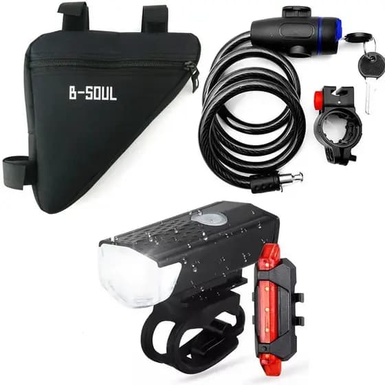 Farol Bike Luz Led Usb 300 Lumens + Sinalizador Traseira + Trava Cabo De Aço Cadeado Bike Moto + Bolsa Triangular