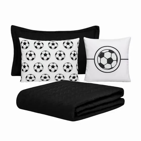 Cocha Cobre Leito Colcha Jogo Roupa Cama Edredom Matelado 5 Peças Quarto Menino Campo Futebol Preto
