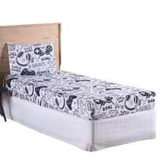 Kit Jogo Lençol Roupa Cama Elastico Solteiro 2 Pçs Fronha Quarto Criança Infantil Gamer Zone Branco