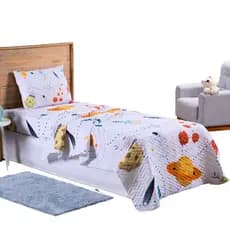 Colcha Cobre Leito Jogo Cama Solteiro 2 Pçs Matelado Macio Quarto Criança Menino Astronauta Branco