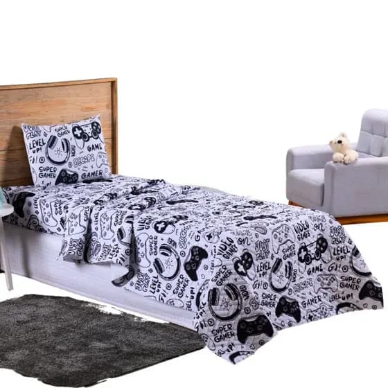 Colcha Cobre Leito Jogo Cama Solteiro 2 Pçs Fronha Matelado Quarto Criança Menino Video Game Barato