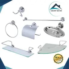 kit completo para banheiro 7 peças porta shampoo reto e canto saboneteira porta papel higiênico porta toalhas cabide