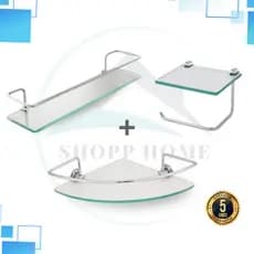 Kit 3 Peças Completo, Prateleiras De Vidro Porta Shampoo Reto E Canto + Porta Papel Higiênico Com Porta Celular