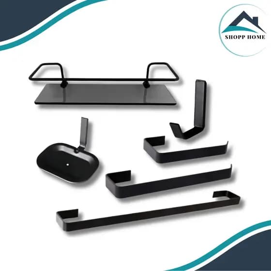 Kit 5 Peças Para Banheiro Luxo Preto: Quadra + Porta Shampoo Reto Preto
