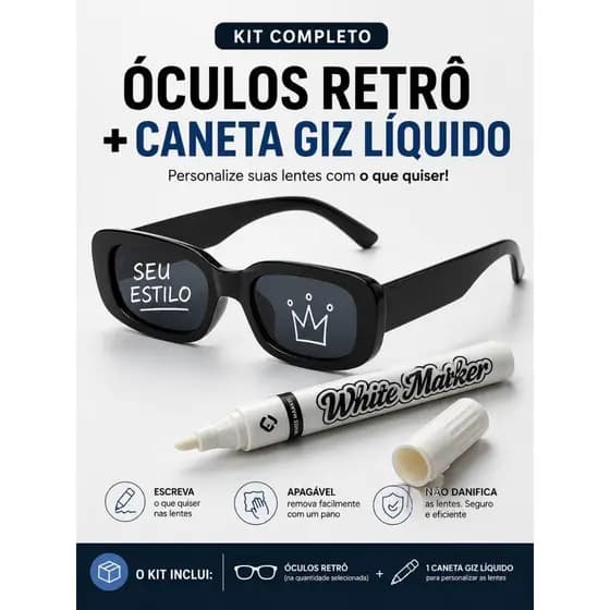 Kit Óculos Retrô Com Caneta Giz Personalizado Festa Formatura 5 a 20 Unidades Escreva Apague Reutilize
