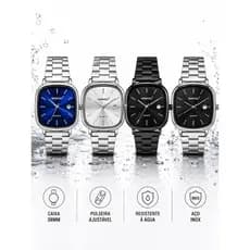 Relógio Masculino Quartz Aço Inox Quadrado Retro Remosú Com Data Analógico