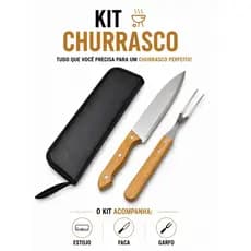 Kit Churrasco Com 3 Peças Estojo Faca Afiada + Garfo Acabemento dos Cabos Em Madeira Lâmina Em Aço Inox