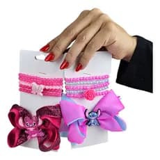 Laço Para Cabelo Infantil Bico De Pato + 5 Pulseiras Stitch