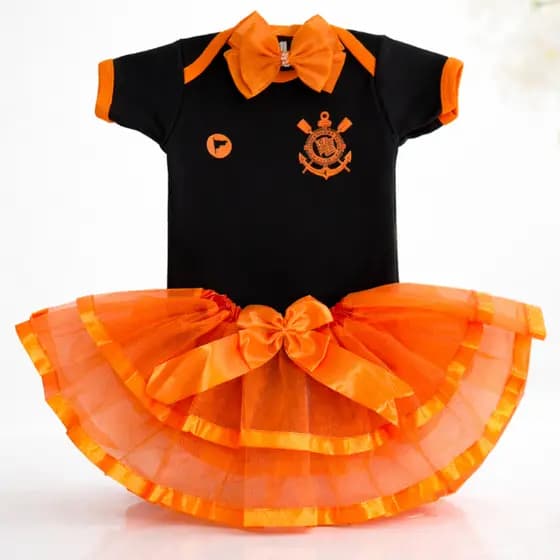 Kit Body Mesversário Corinthians Menina Laranja e Preto com Tule de Luxo & Laço