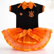 Kit Body Mesversário Corinthians Menina Laranja e Preto com Tule de Luxo & Laço