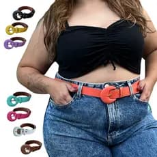 Cinto Plus Size Feminino Fivela Redonda Retrô Colorido Couro Sintético Acessórios Moda Blogueira