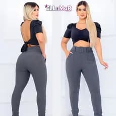 Calça Feminina Legging Skinny em Crepe Malha Cintura Alta com Cinto