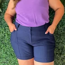 Short Plus Size Feminino Bermuda Cintura Alta Bengaline Botões e Bolsos