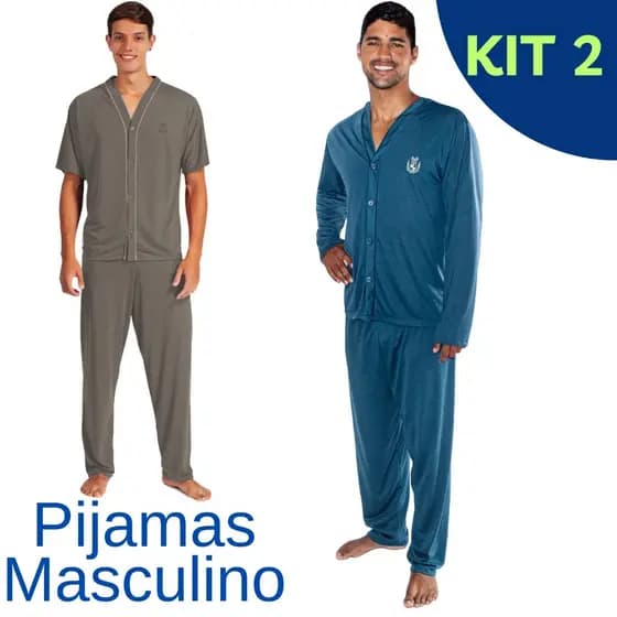 Kit Dois Pijamas Masculino 1 Camisa Meia Manga Com Calça + 1 Camisa Manga Longa Com Calça