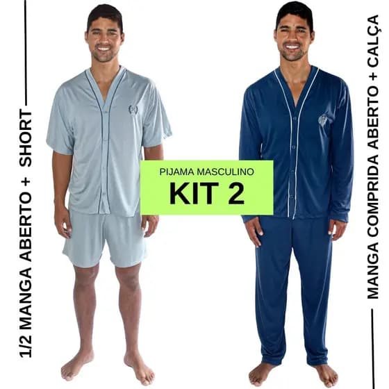 Kit Com Dois Pijamas De Botão Adulto Masculino Sendo 1 Comprido e 1 Curto