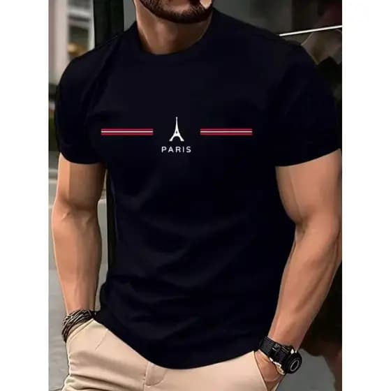 Camiseta Masculina Paris Style Torre Listras Adulto Camisa 100% Algodão Casual Verão Lançamento