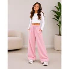 Calça Infantil Moletom Com Bolso Feminina Wide Leg Peluciada Com Bolso Casual Algodão e Cós Elástico