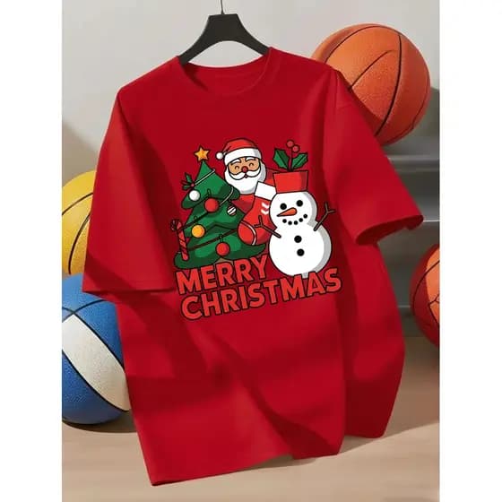 Camiseta Infantil de Natal com Estampa do Papai Noel Boneco da Neve e Gola Redonda Tecido Macio