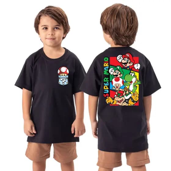Camiseta Infantil Menino Menina Camisa Streetwear Super Mario Malha 30.1 100% Algodão