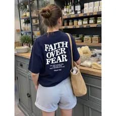 Camiseta Feminina Faith Over Fear T-shirt Azul Marinho Estampa  Casual Manga Curta Confortável