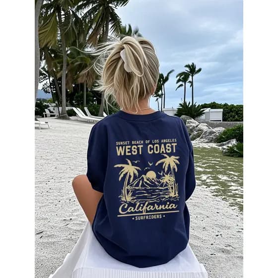 Camiseta Feminina Estampada West Coast California - Casual Verão Azul Marinho Confortável