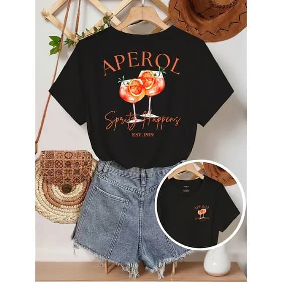 Camiseta Feminina T-shirt Estampada Aperol Spritz – Blusa Casual Gola Redonda Confortável Verão