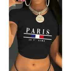 Camiseta Babylook Babytee Slim Fit Manga Curta Elastano Estilosa lançamento estampada PARIS JET