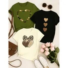 Kit 3 Blusas Femininas 100% Algodão – Confortáveis, Macias, Estampas de Coração, Casual e Moderna