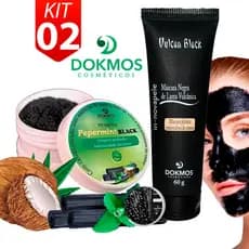 Kit Pó Dental Clareador Natural Carvão Ativado Óleo Menta E Coco + Máscara Removedora De Cravos Vulcan Black