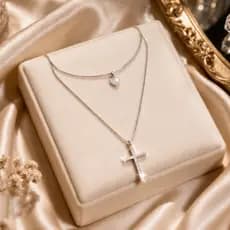 Colar Duplo Prata Feminino Coração + Cruz Delicado Ajustável Elegante