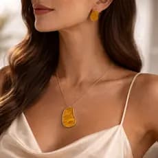 Conjunto Colar + Brinco Pedra Dourada Estilo Âmbar Luxo Feminino
