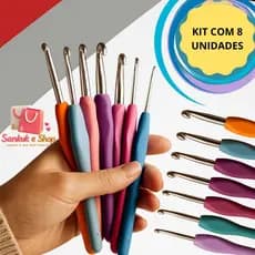 Kit 8 Agulhas de Crochê,Profissional Cabo Soft Ergonômico,Ponta de Alumínio para barabante