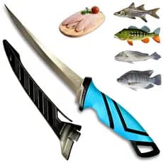 Faca Fileteira Premium Lamina em Inox Cabo Emborrachado Bainha Protetora Pesca Camping Filé de Peixe