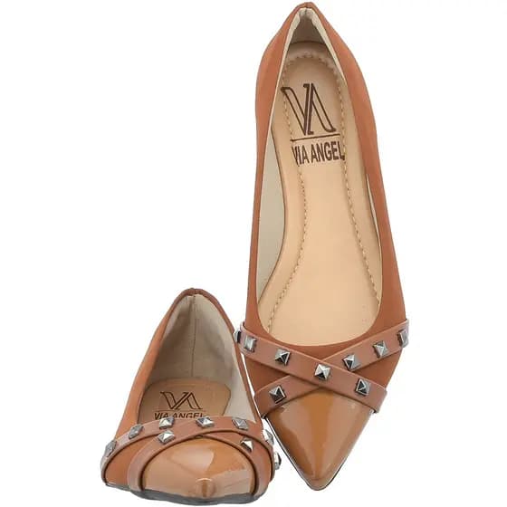 Sapatilha Feminina Bico Fino Rasteira Verniz com Brilho Flat Confortável Via Angel 1604.