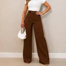 Calça Alfaiataria Pantalona Feminina Inverno Com Cinto Social Cintura Alta Com Bolso e Ziper PROMOÇÂO Inverno Casaco