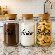 Kit Cantinho do Café - 3 Potes 830ml com Tampa Rolha + Etiquetas Adesivas Café Açúcar e Biscoitos