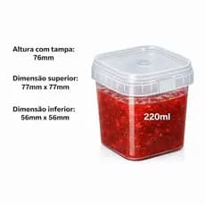 100 Potes PP 220ml Quadrado com Tampa Lacre - Micro-ondas e Freezer