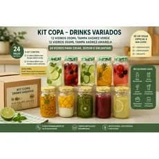 Kit 24 Potes de Vidro 350ml Drinks Copa Brasil Tampa Xadrez Verde e Amarelo
