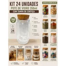 Pote de vidro 350ml com Tampa Rolha Cortiça Organizador Kit 24 unidades
