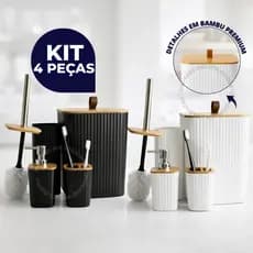 Kit Banheiro Luxo Quadrado – Lixeira C/Tampa Detalhes em Bambu e Puxador de Couro