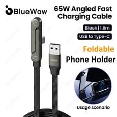 BlueWow 65W USB A Para Tipo C Cotovelo Suporte Cabo De Carregamento Rápido + Dados De Telefone Horizontal Ou Vertical