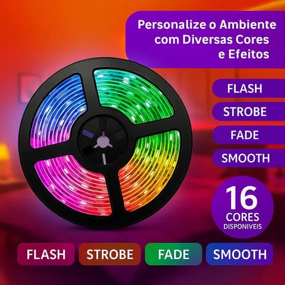 Fita LED Multicolorida 2835 IP65 5M e 300 LEDs, com Fonte 12V e Controle Remoto para Ambientes