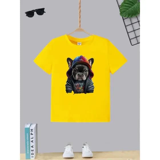 Camiseta Infantil Juvenil Teen Menino Estampa Dog Boné Color T-shirt Masculina Moda Algodão Gola Redonda