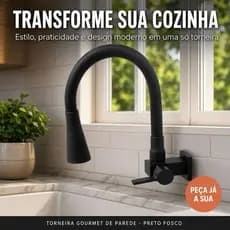 Torneira de cozinha Gourmet Parede Preta Bico Flexível com Duplo Jato e 1/4 de Volta Cozinha Moderna