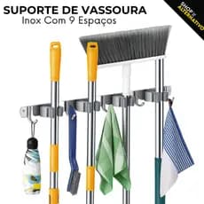 Suporte de Vassoura rodo Inox com 9 Espaços Organização Moderna Instalação Fácil Vassoureiro Parede