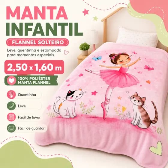 Manta Flannel Solteiro Infantil 2,50 x 1,60m 100% Poliéster Estampada Bailarina Dinossauro