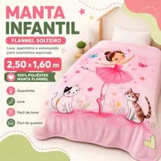 Manta Flannel Solteiro Infantil 2,50 x 1,60m 100% Poliéster Estampada Bailarina Dinossauro