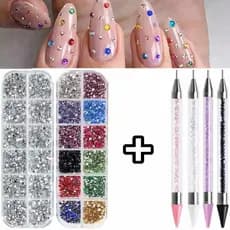 Caixa de Strass Nail Art para Unhas, Pedras Coloridas e Prata C/ Brilho Intenso + Caneta Aplicadora