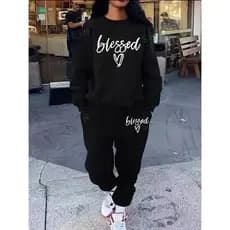 Conjunto 2 Peças Casual Algodão Blusa Moletom Careca Blessed Coração  Gola Redonda + Calça Moletom Blessed